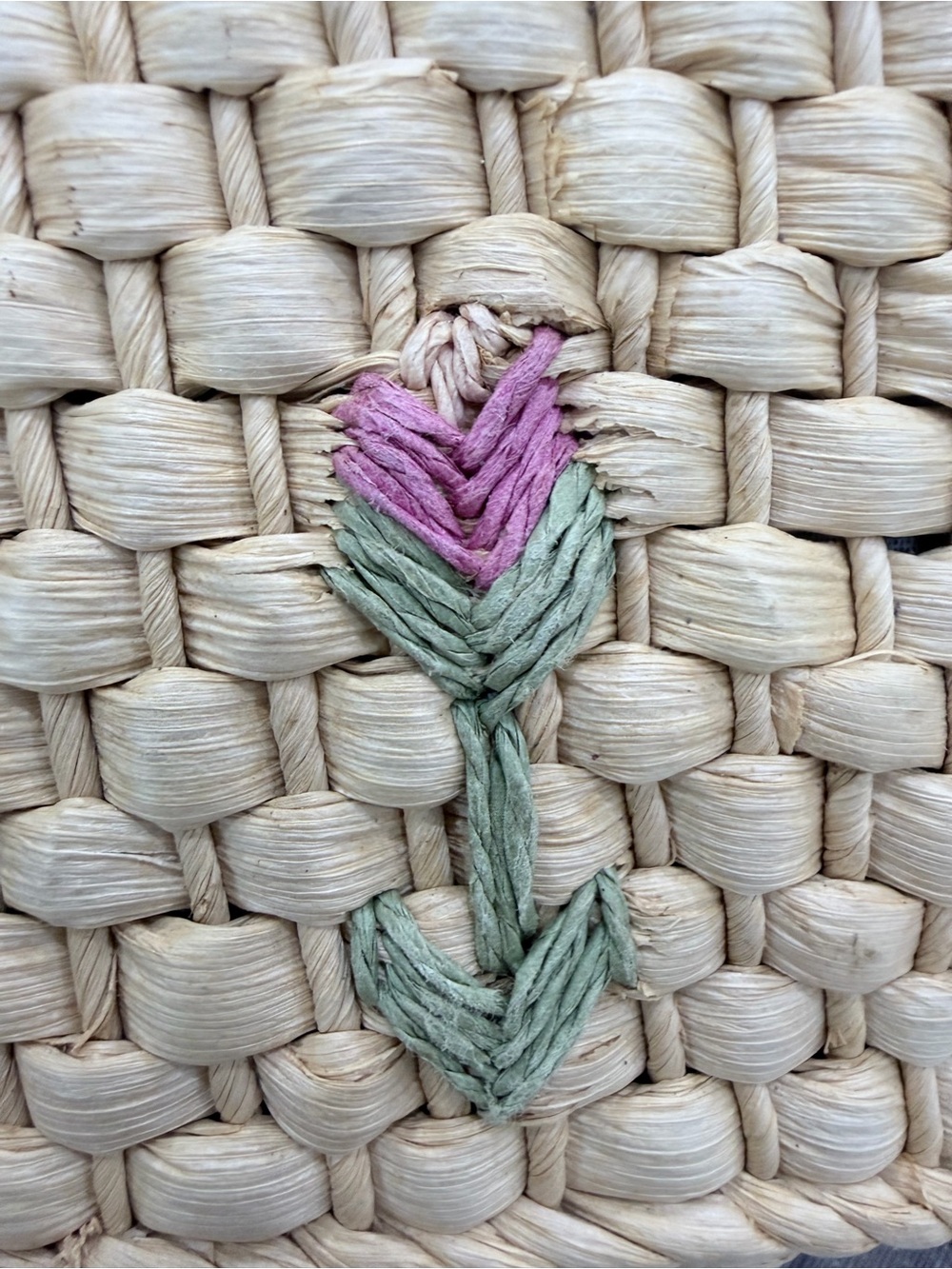 Vintage Style Corn Husk Woven Basket Purse Embroidered Tulip Floral Tote - Picture 4 of 10